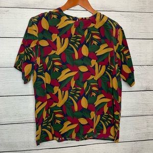 [Douglass] Vintage Leaves Print Silk Top